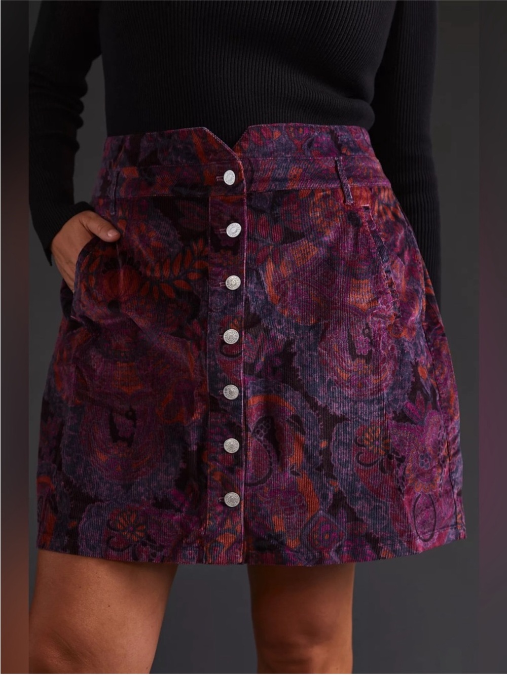 Anthropologie Pilcro Floral Corduroy Button Front Mini Skirt 16W